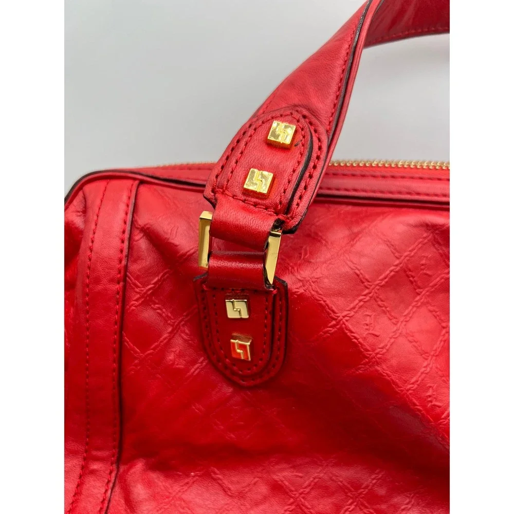 L.A.M.B. Gwen Stefani Red Leather Satchel Handbag Racing Stripe Tassel Gold HW